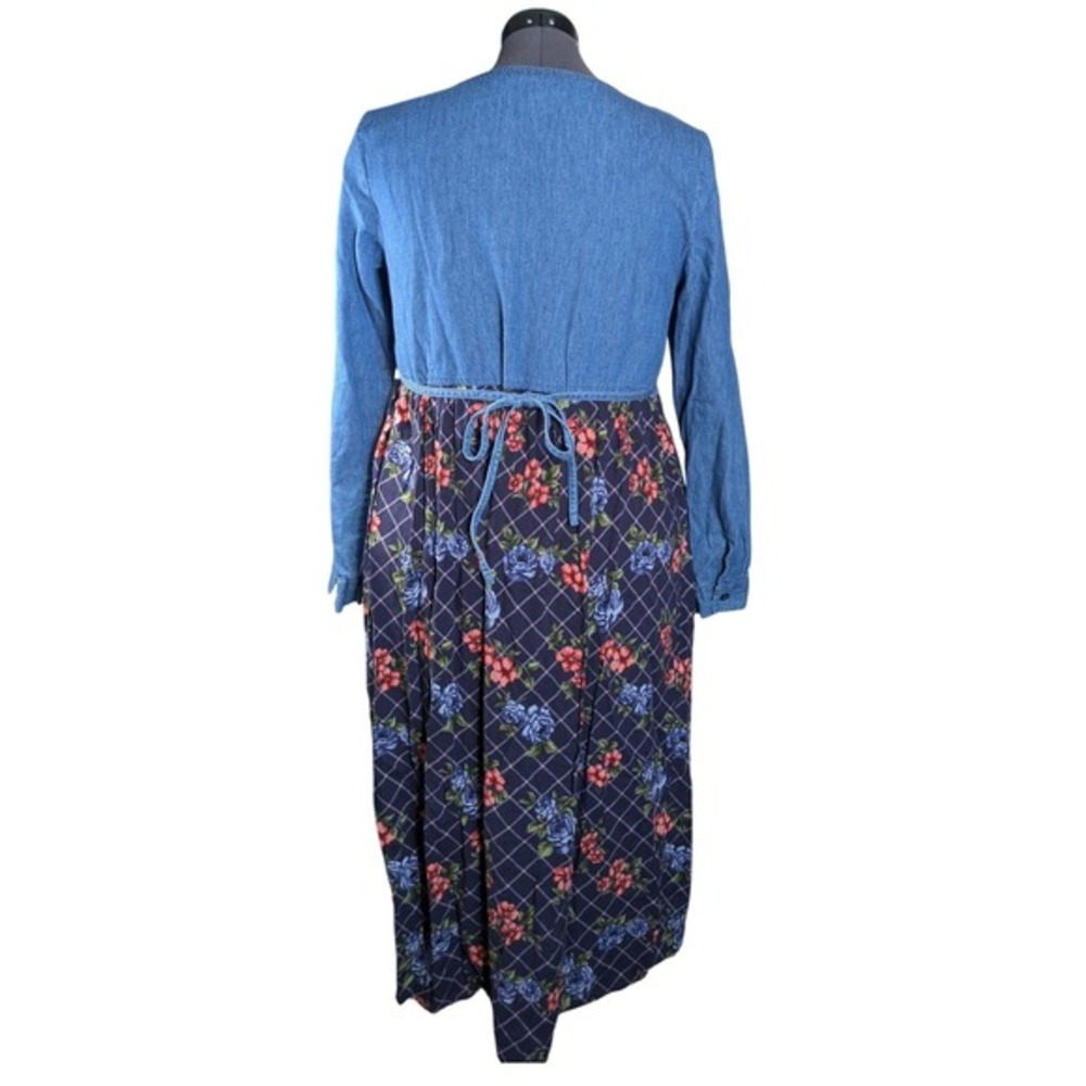 Vintage 90s Cottagecore Maxi Dress XL Denim Floral Plaid Button Up Lace Applique - Picture 2 of 8